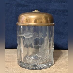Vintage Etched Glass Vanity Jar with Brass Tone Lid